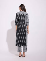 Cotton Ikat Colourblock Kurta Set - Black & Grey