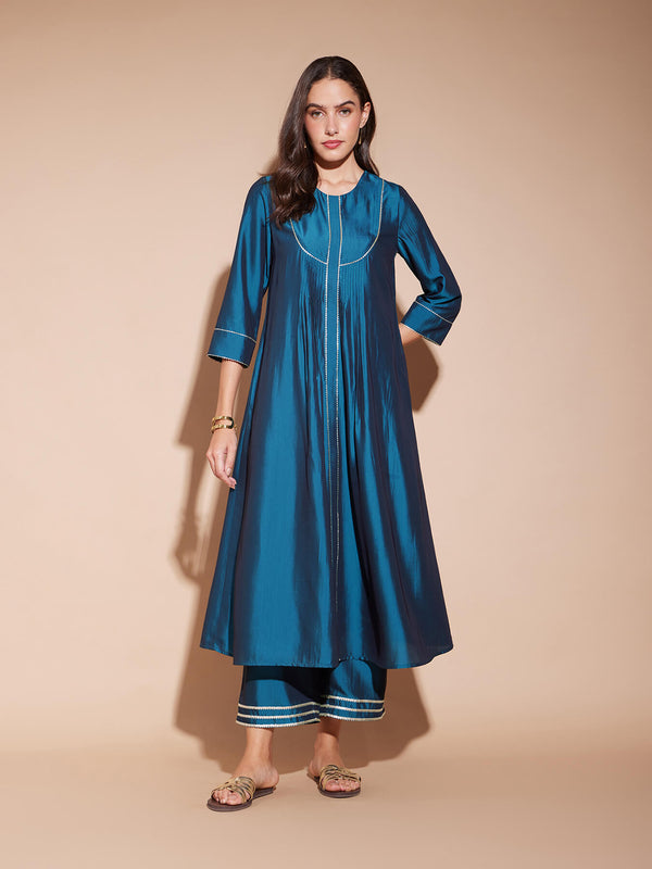 Viscose Solid Yoke Detail Flared Kurta Set - Teal