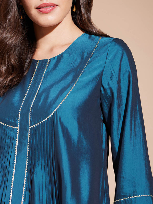 Viscose Solid Yoke Detail Flared Kurta Set - Teal