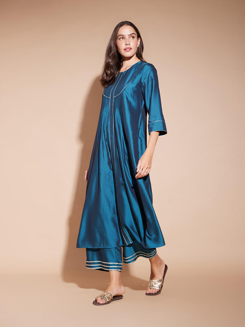 Viscose Solid Yoke Detail Flared Kurta Set - Teal