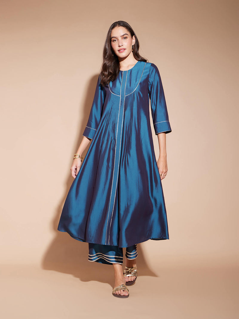 Viscose Solid Yoke Detail Flared Kurta Set - Teal