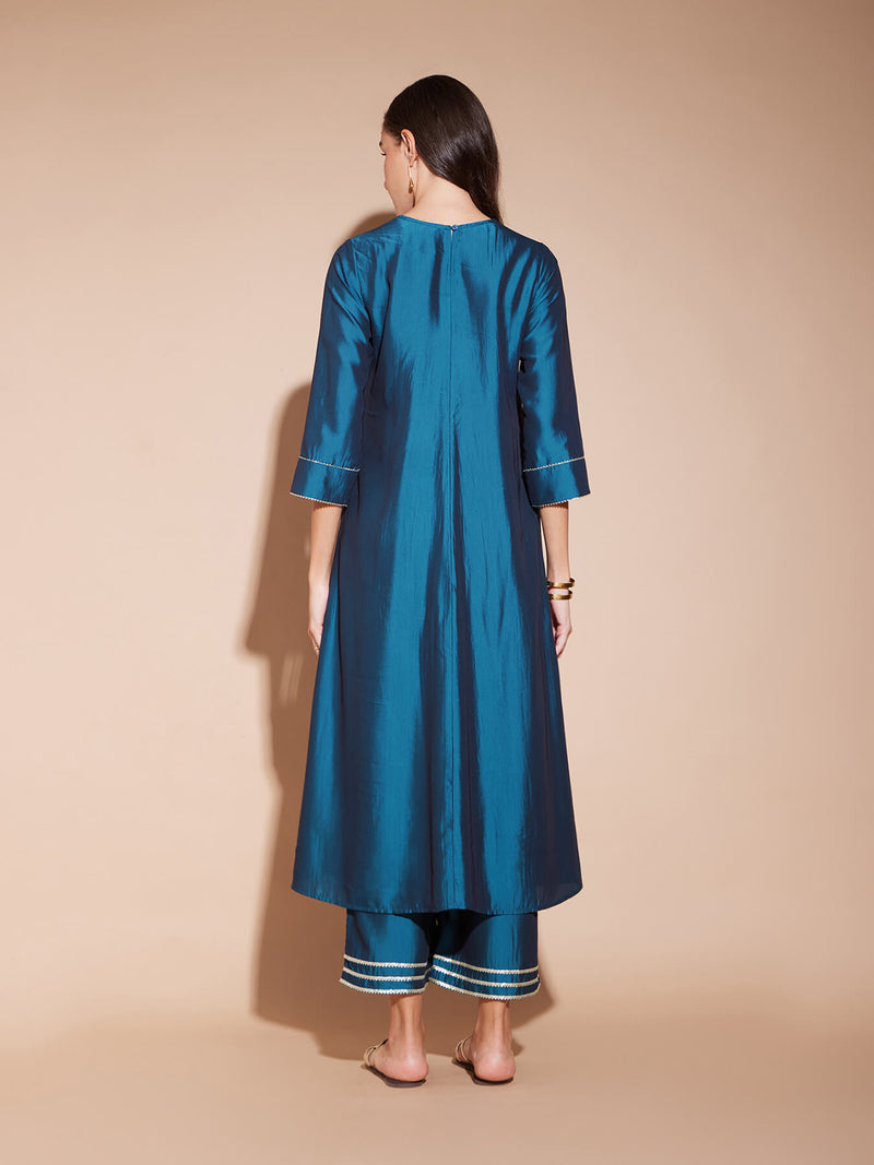 Viscose Solid Yoke Detail Flared Kurta Set - Teal