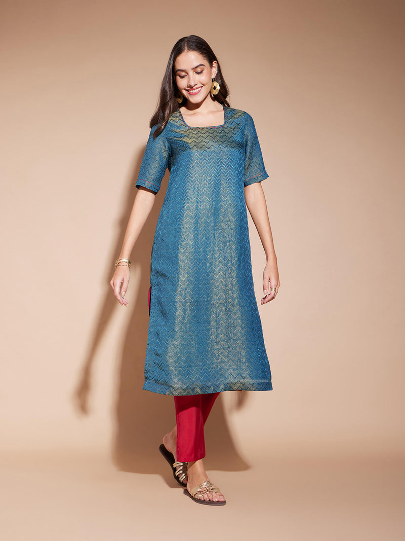 Jacquard Chevron Kurta Set - Teal & Maroon