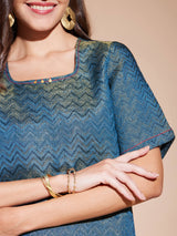 Jacquard Chevron Kurta Set - Teal & Maroon