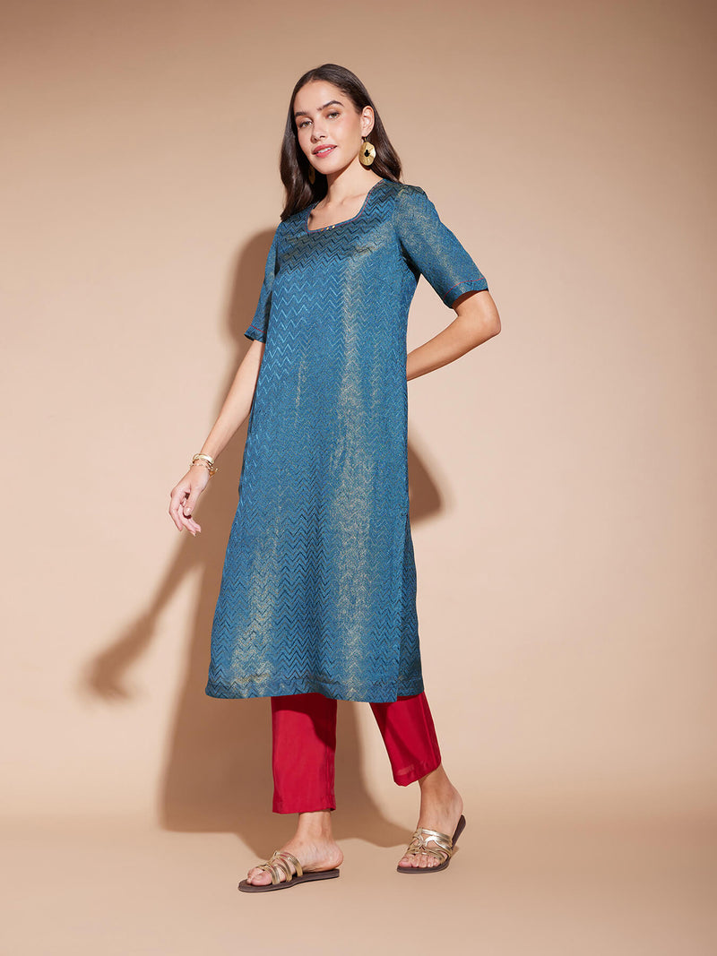 Jacquard Chevron Kurta Set - Teal & Maroon