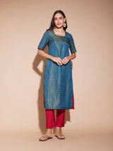 Jacquard Chevron Kurta Set - Teal & Maroon