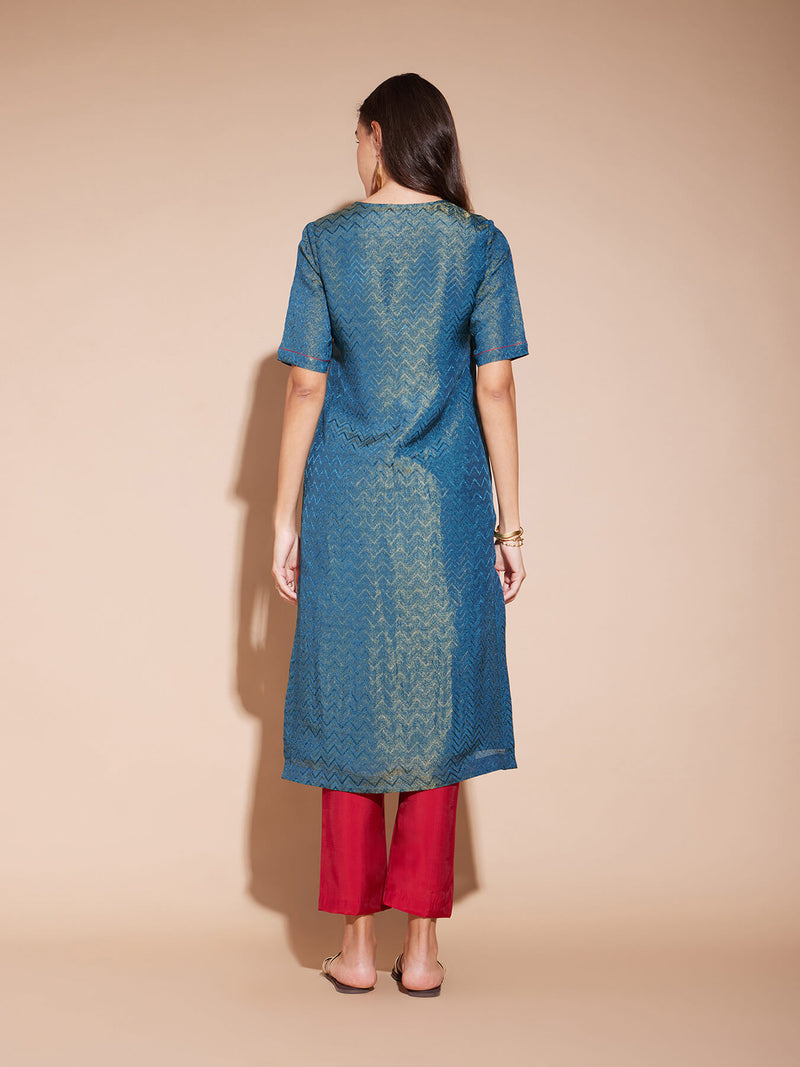 Jacquard Chevron Kurta Set - Teal & Maroon