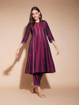 Viscose Solid Gota Detail Kurta Set - Purple