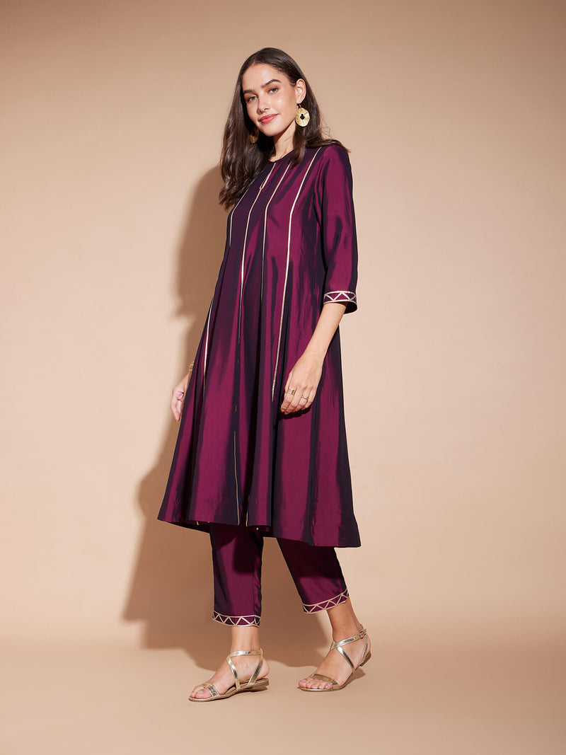 Viscose Solid Gota Detail Kurta Set - Purple