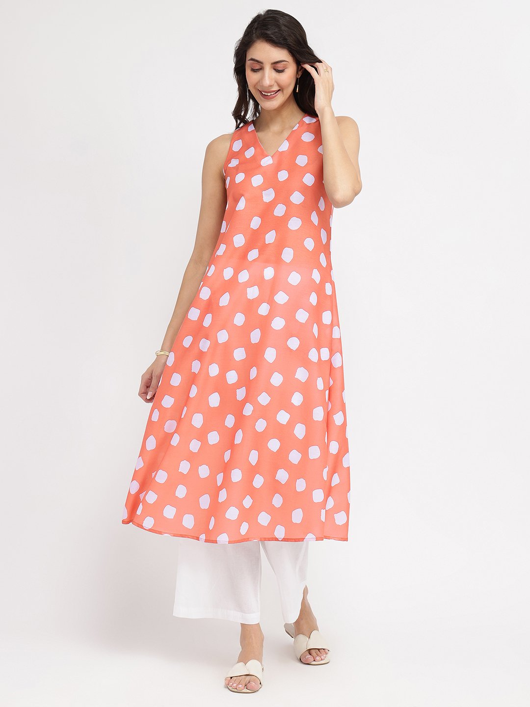 Polka Print A-Line Kurta Set - Peach & White