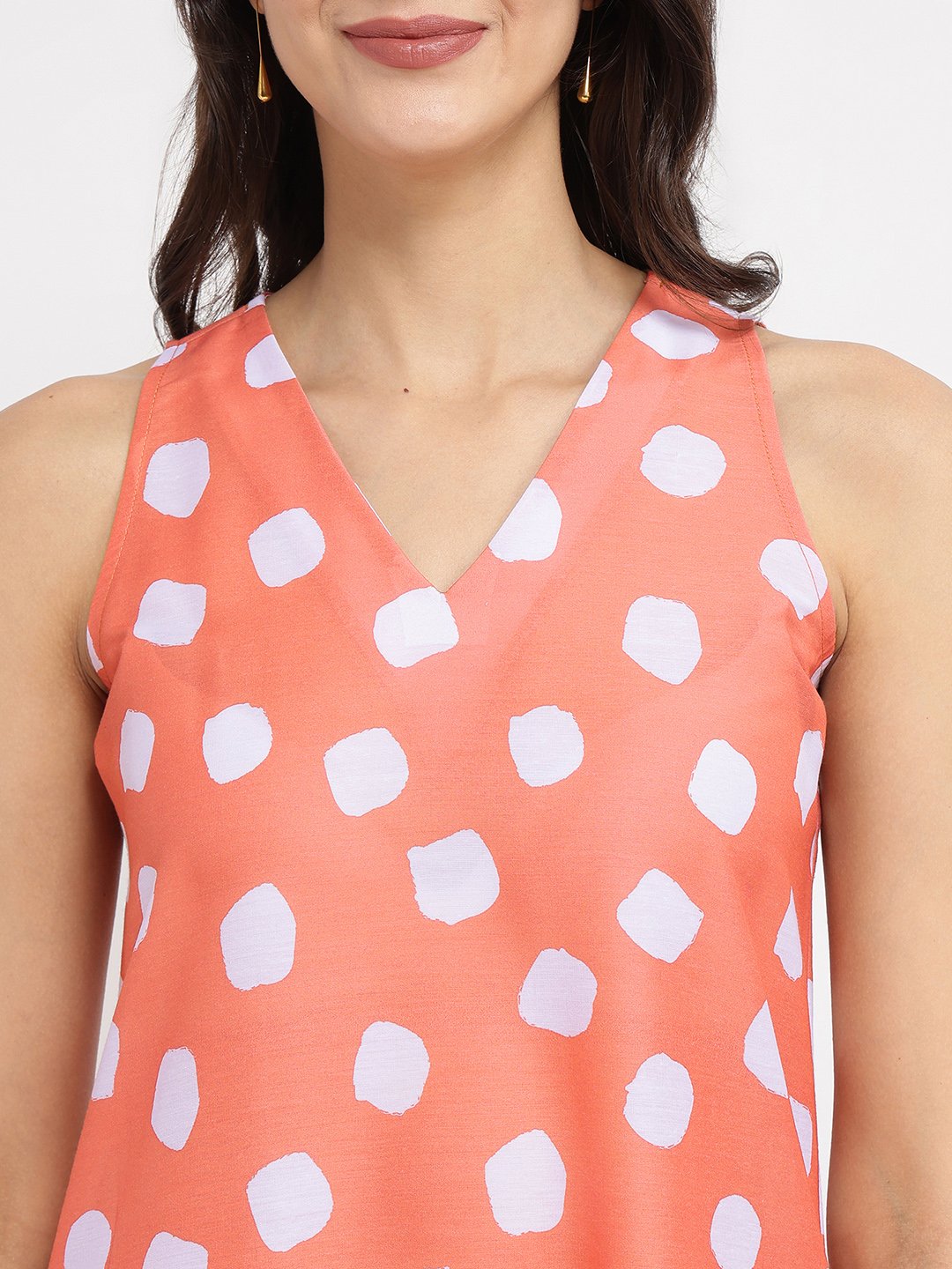 Polka Print A-Line Kurta Set - Peach & White