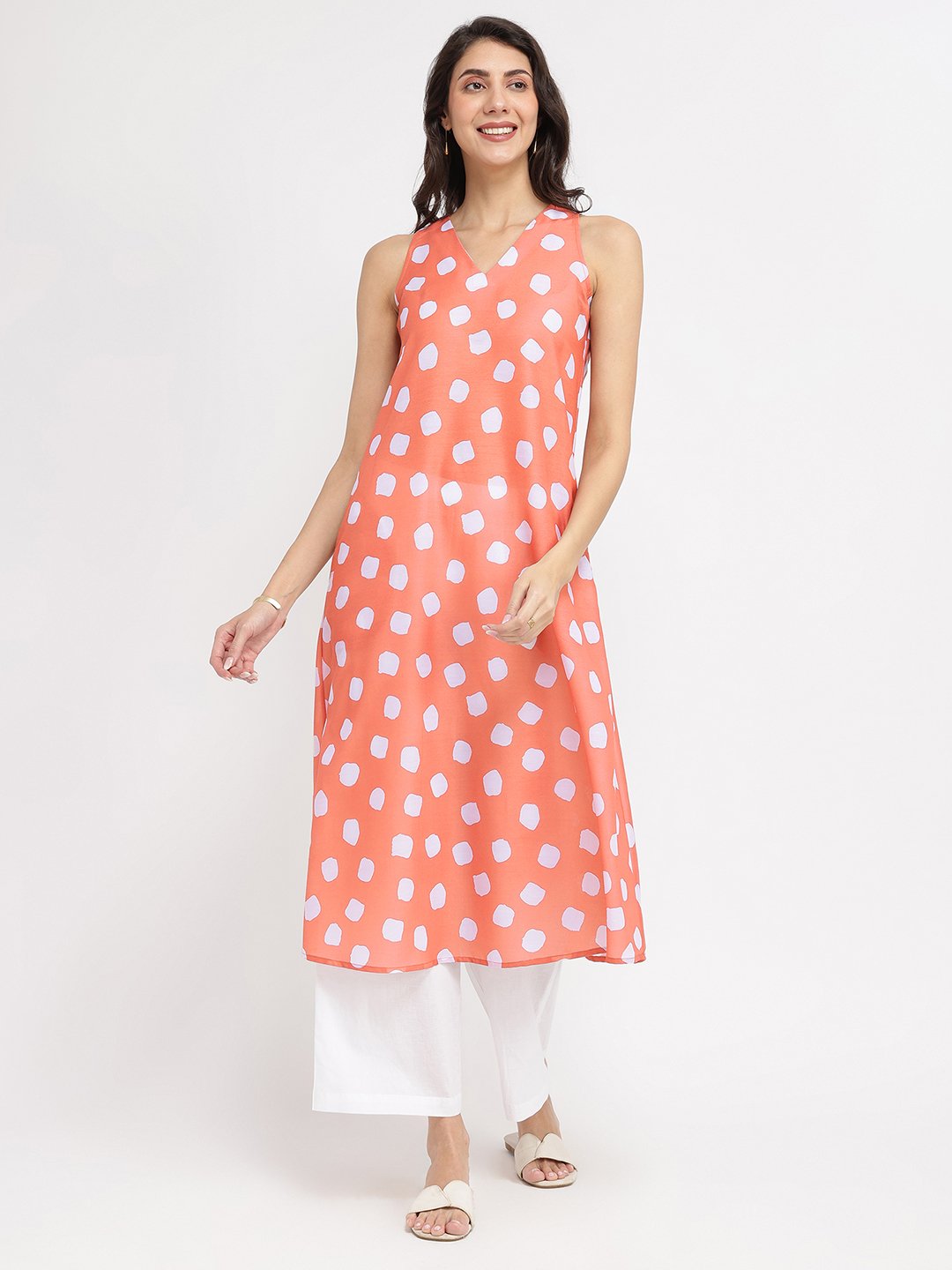 Polka Print A-Line Kurta Set - Peach & White