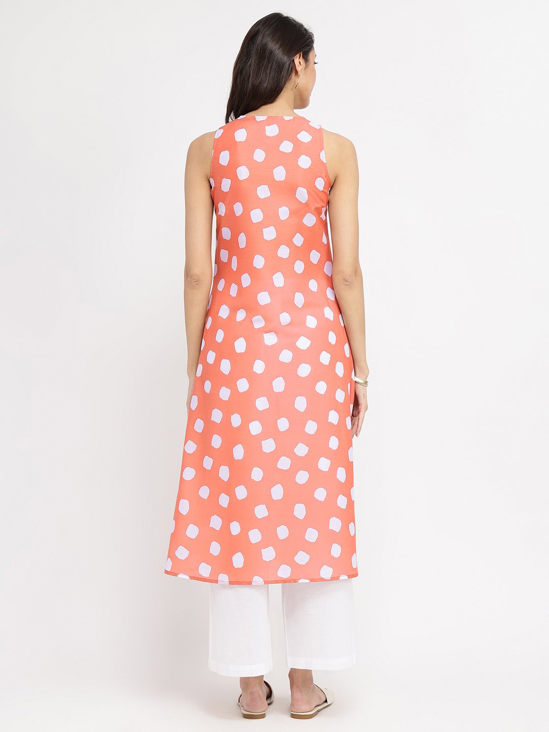Polka Print A-Line Kurta Set - Peach & White