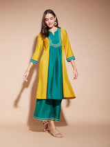 Viscose Colourblock A-Line Kurta Set - Yellow & Green