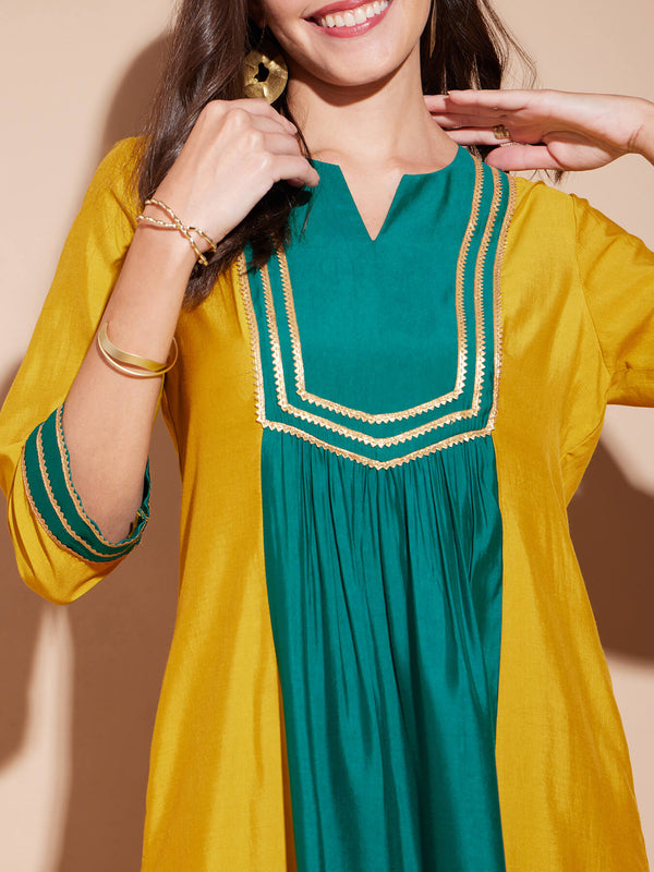 Viscose Colourblock A-Line Kurta Set - Yellow & Green