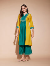 Viscose Colourblock A-Line Kurta Set - Yellow & Green