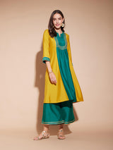 Viscose Colourblock A-Line Kurta Set - Yellow & Green