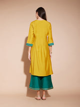 Viscose Colourblock A-Line Kurta Set - Yellow & Green