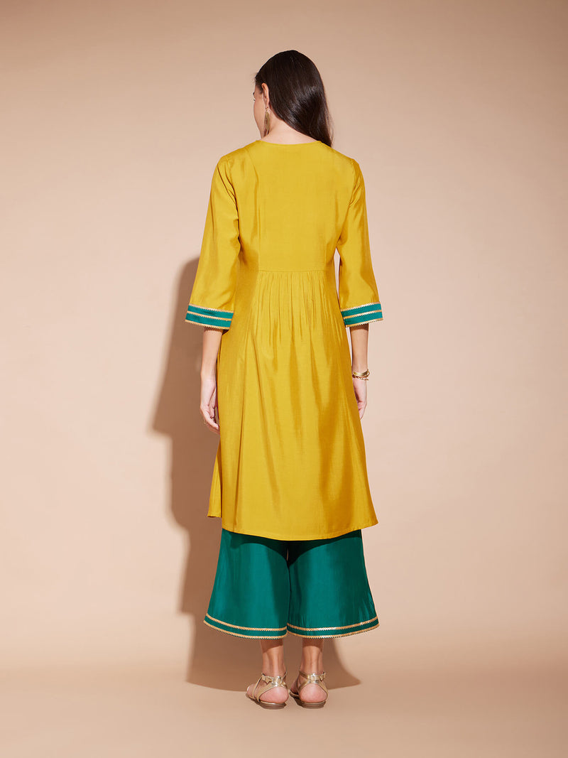 Viscose Colourblock A-Line Kurta Set - Yellow & Green