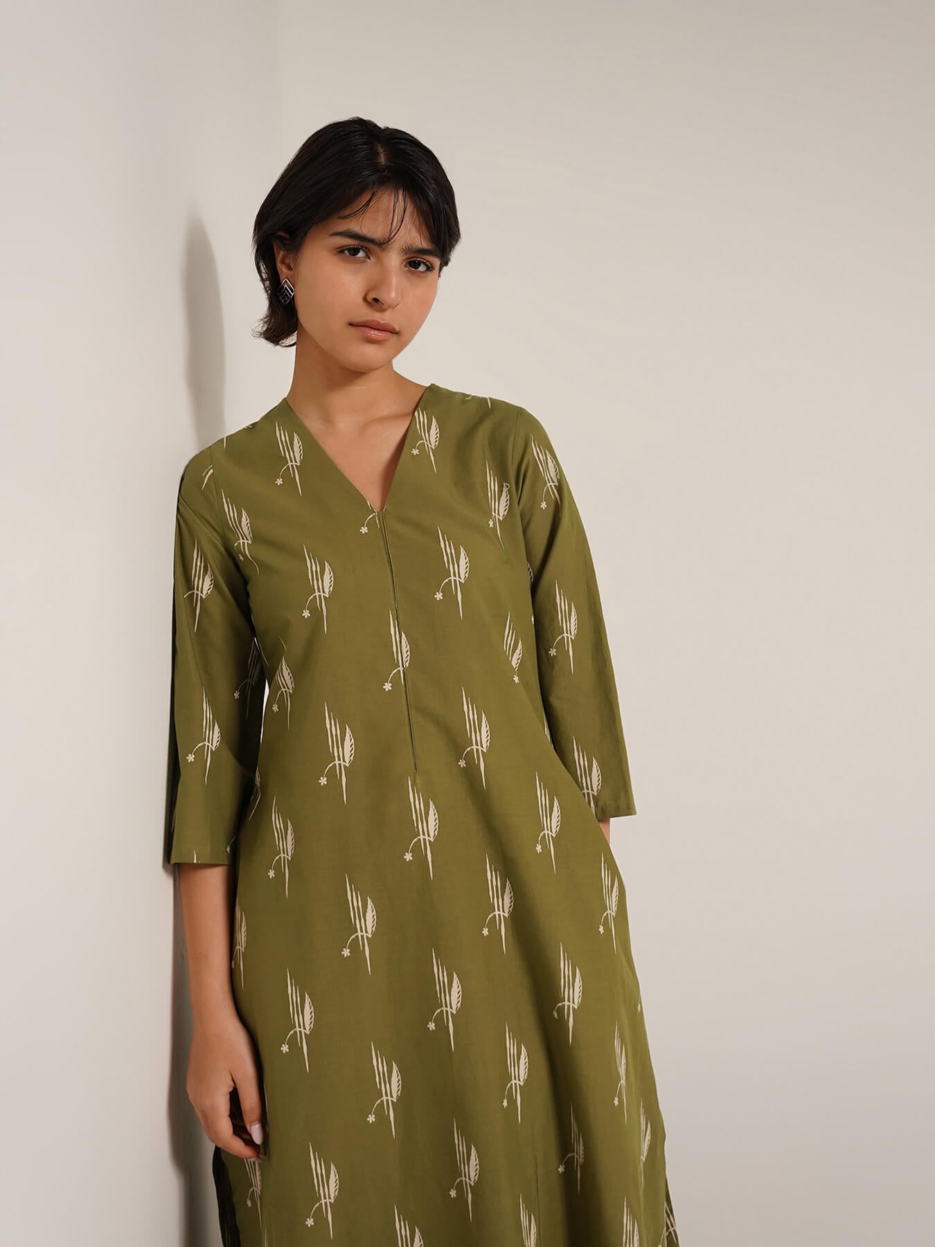 Pure Cotton Ethnic Motif Kurta Set - Olive