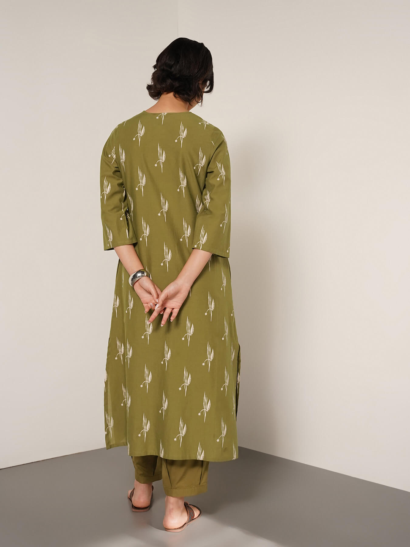 Pure Cotton Ethnic Motif Kurta Set - Olive