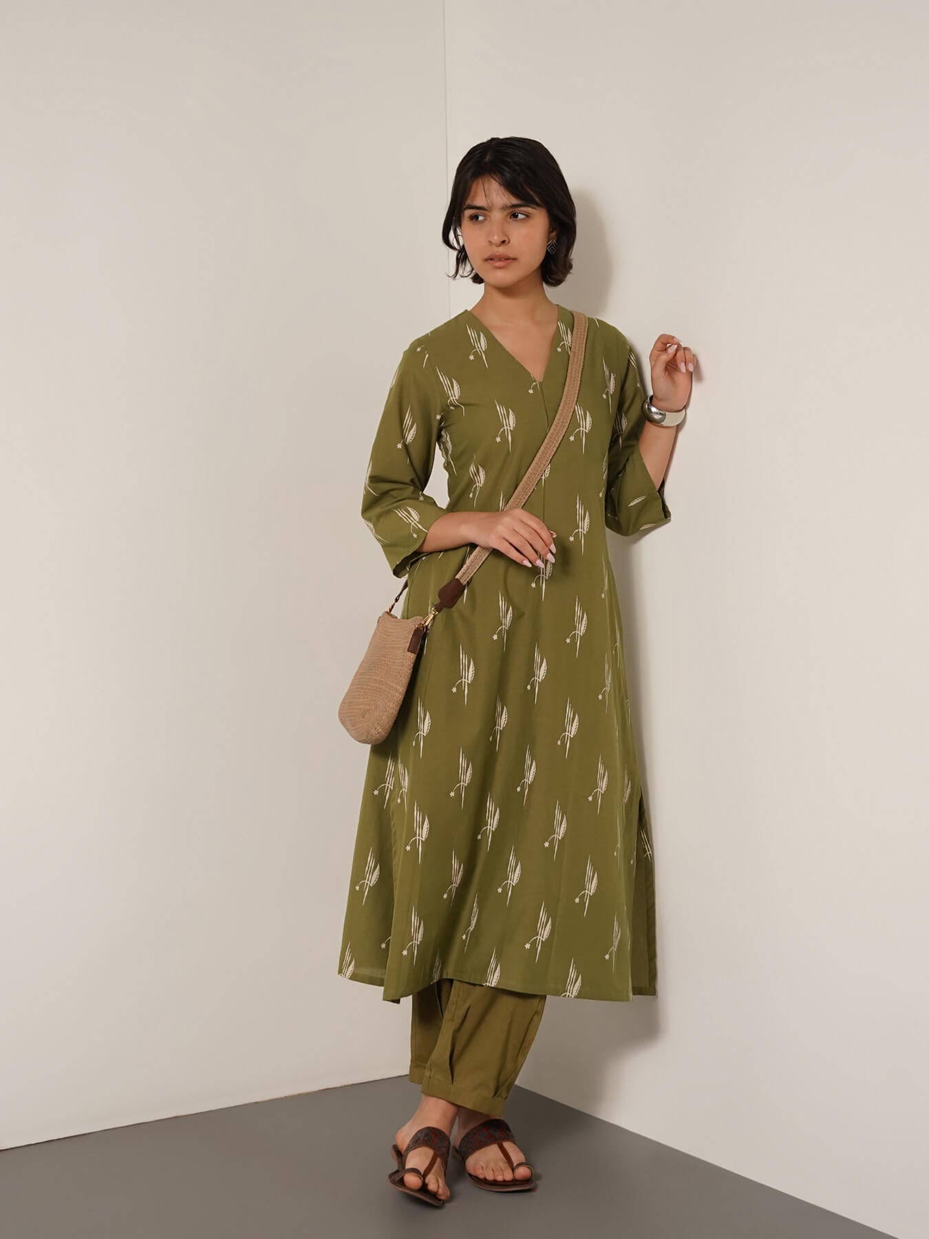 Pure Cotton Ethnic Motif Kurta Set - Olive
