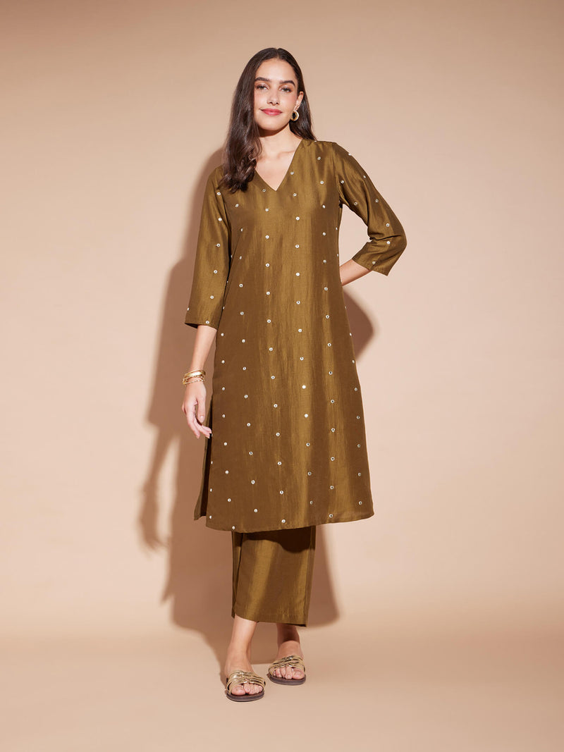 Viscose Polka Mirror Embroidery Kurta Set - Olive