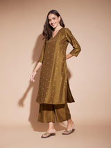 Viscose Polka Mirror Embroidery Kurta Set - Olive