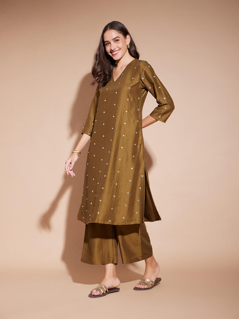 Viscose Polka Mirror Embroidery Kurta Set - Olive