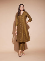 Viscose Polka Mirror Embroidery Kurta Set - Olive