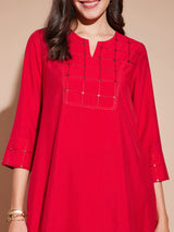 Viscose Solid Yoke Detail Kurta Set - Red & Maroon