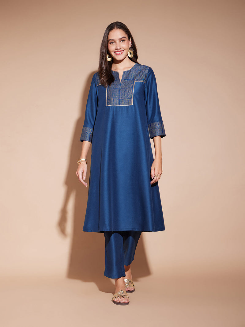 Viscose Solid Yoke Detail Kurta Set - Blue