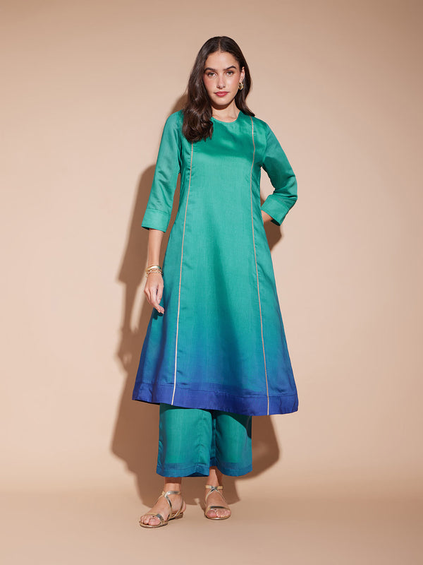 Chanderi Colourblock Ombre Kurta Set - Blue