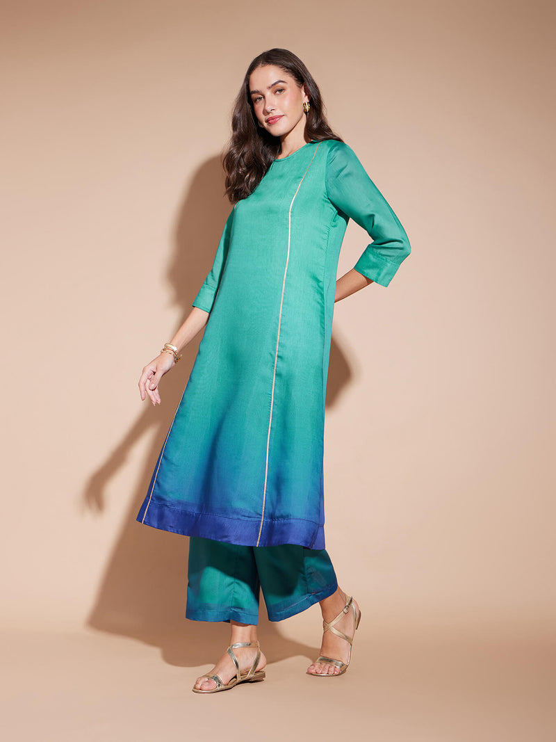 Chanderi Colourblock Ombre Kurta Set - Blue