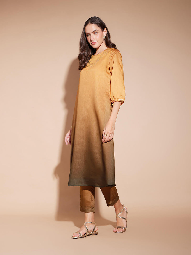 Chanderi Colourblock Ombre Kurta Set - Mustard