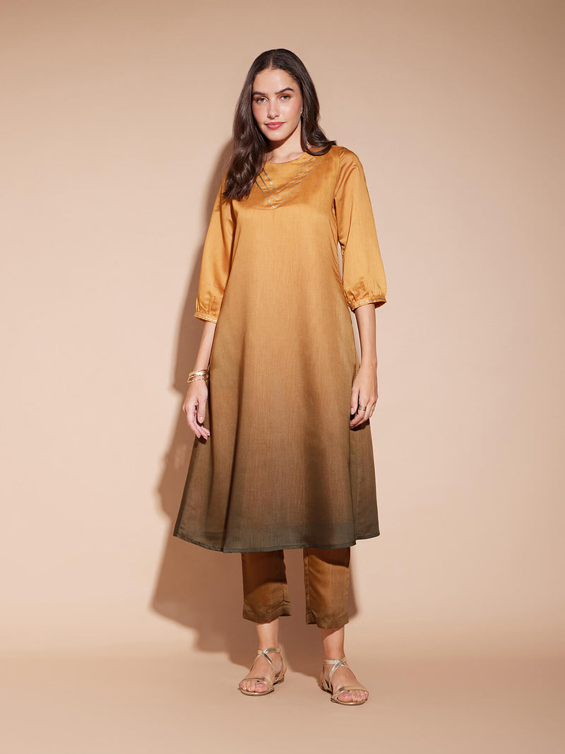 Chanderi Colourblock Ombre Kurta Set - Mustard