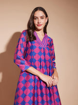 Chanderi Geometric Print A-Line Kurta Set - Pink & Blue