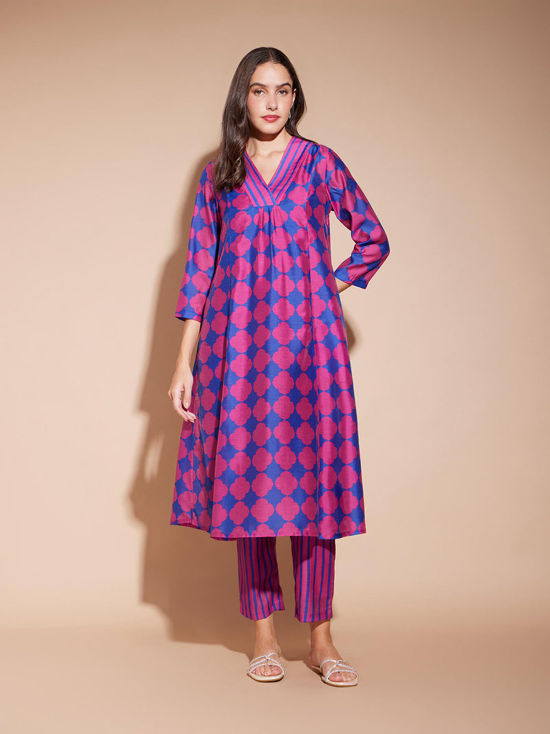 Chanderi Geometric Print A-Line Kurta Set - Pink & Blue