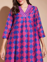 Chanderi Geometric Print A-Line Kurta Set - Pink & Blue