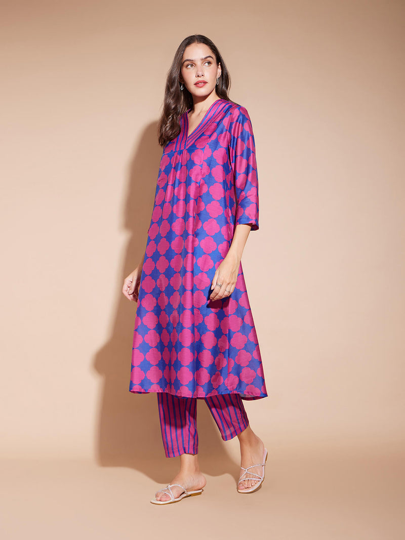 Chanderi Geometric Print A-Line Kurta Set - Pink & Blue