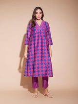 Chanderi Geometric Print A-Line Kurta Set - Pink & Blue