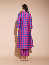 Chanderi Geometric Print A-Line Kurta Set - Pink & Blue