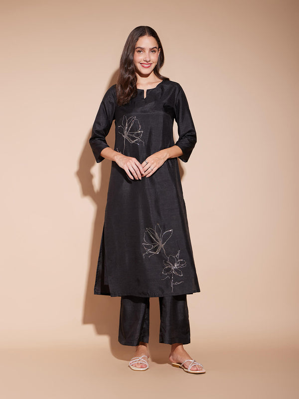 Floral Straight Stud Detail Kurta Set - Black