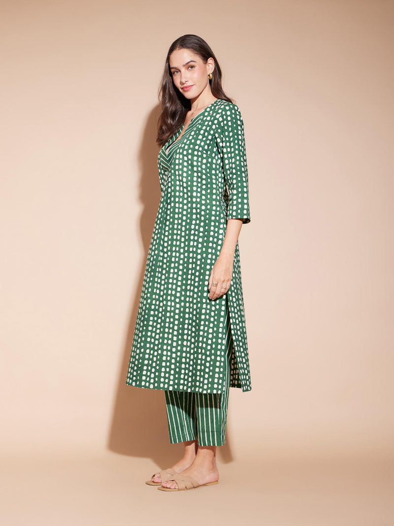 Cotton Geometric Print Play Kurta Set - Green