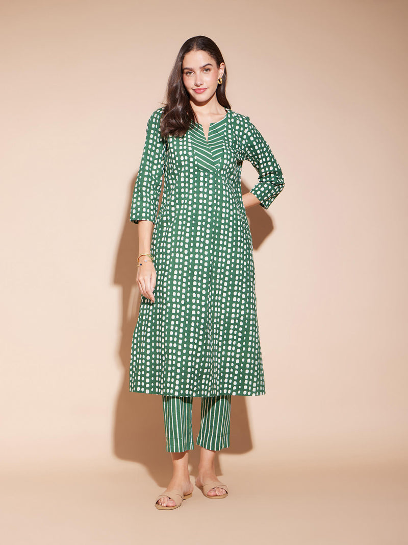 Cotton Geometric Print Play Kurta Set - Green