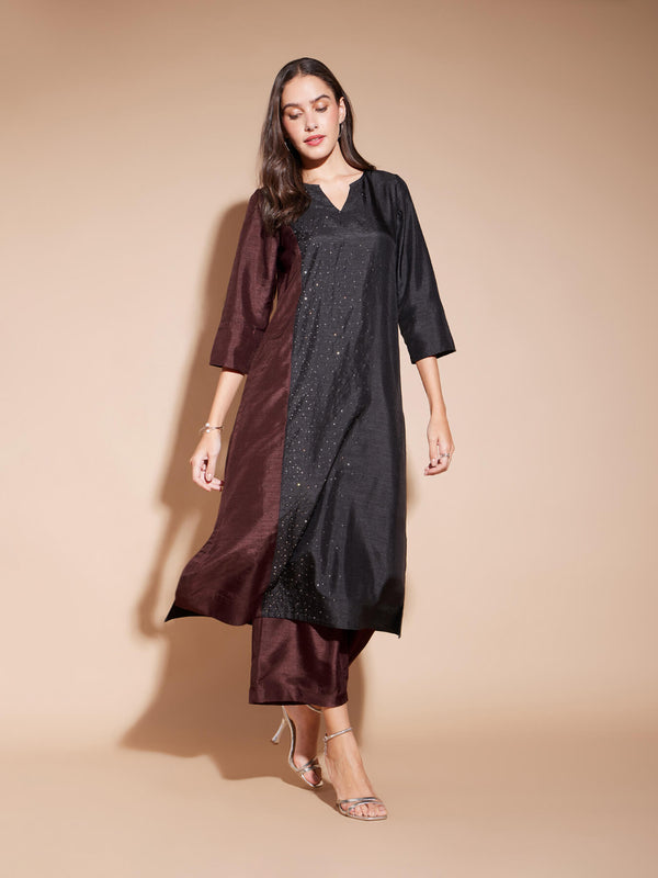 Colourblock Straight Kurta Set - Black & Maroon