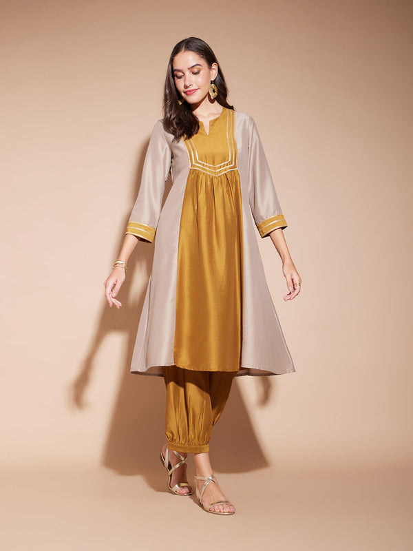 Viscose Colourblock A-Line Kurta Set - Gold & Grey