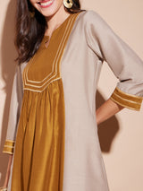 Viscose Colourblock A-Line Kurta Set - Gold & Grey