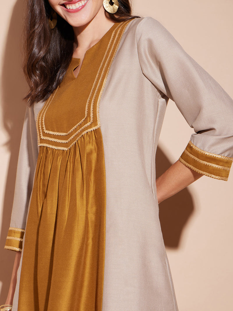 Viscose Colourblock A-Line Kurta Set - Gold & Grey