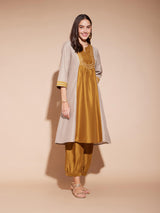 Viscose Colourblock A-Line Kurta Set - Gold & Grey